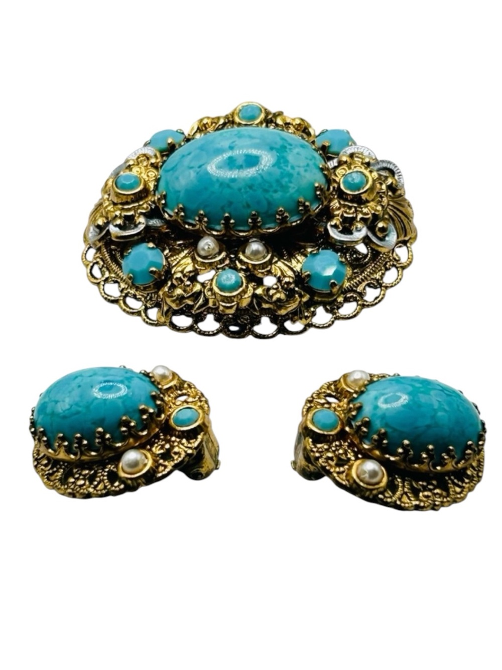 Exquisite W. Germany Blue Glass Brooch and Earring Set